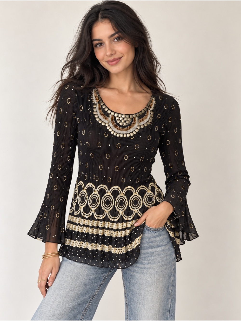 Investments Beaded Pleated Bell Sleeve Top Size Small